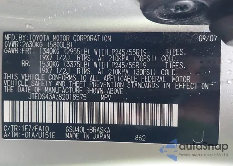 2008 Toyota Highlander Sport z USA, uszkodzony, nr VIN JTEDS43A382018575